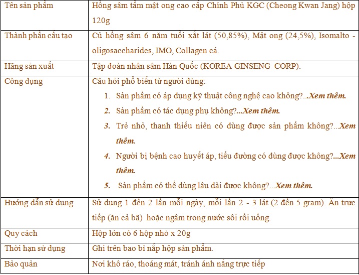 ttsp Hồng sâm Chính phủ cao cấp tẩm mật ong (Cheong Kwan Jang) hộp 120g