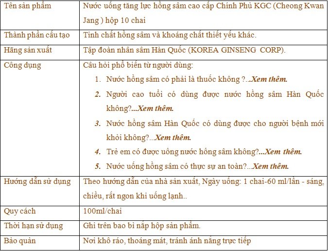 ttsp Nước uống cao cấphồng sâm Chính Phủ KGC (Cheong Kwan Jang ) tăng lực hộp 10 chai