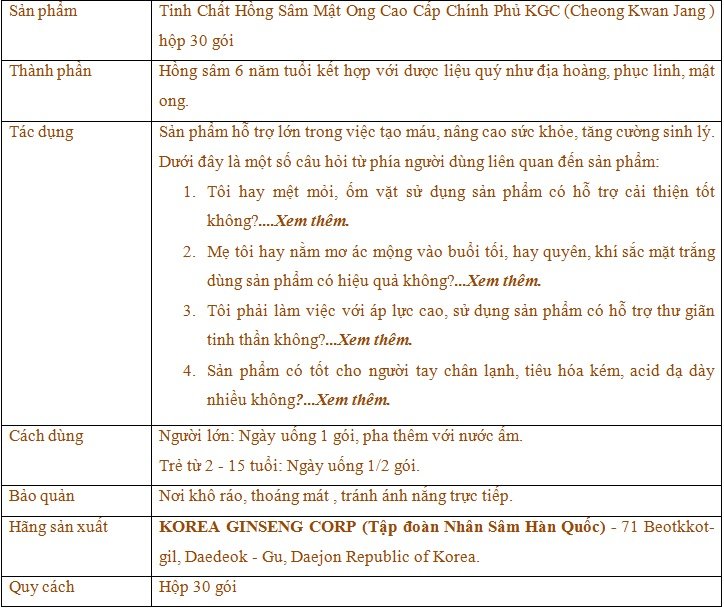 ttsp Tinh Chất Hồng Sâm Mật Ong Cao Cấp Chính Phủ KGC (Cheong Kwan Jang ) hộp 30 gói