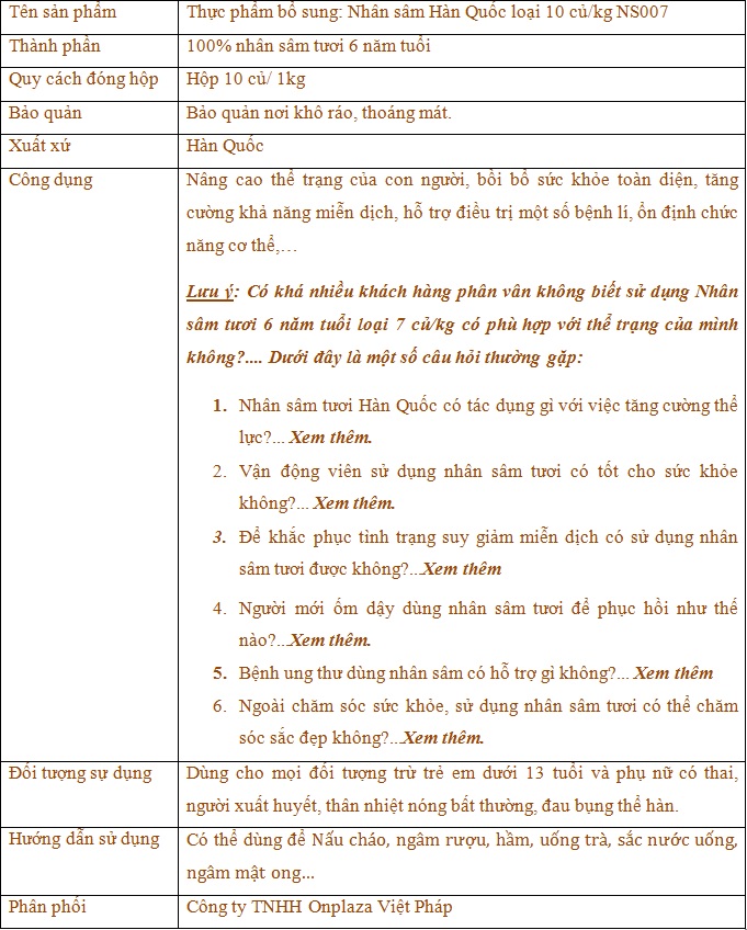 ttsp Nhân sâm tươi Hàn Quốc loại 10 củ/kg