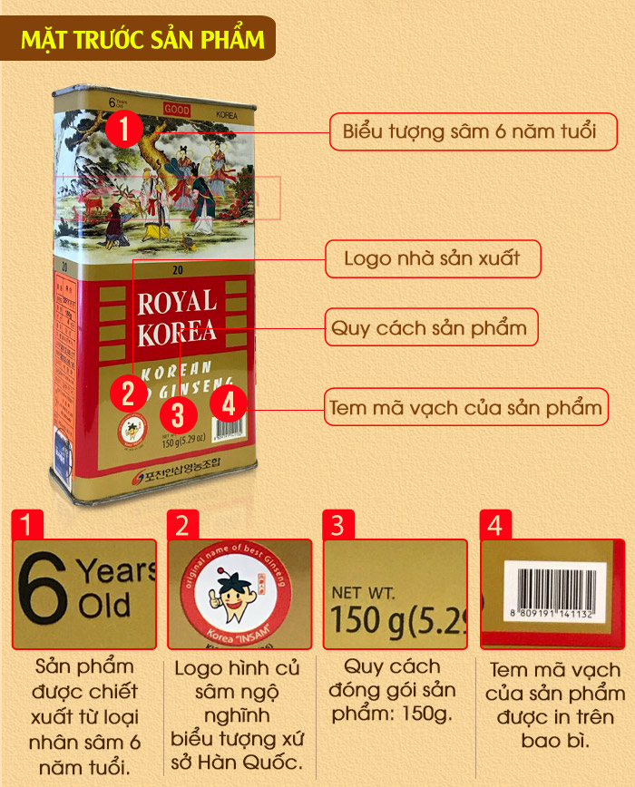 Hồng sâm khô nguyên củ thượng hạng Royal hộp thiếc 150g NS075